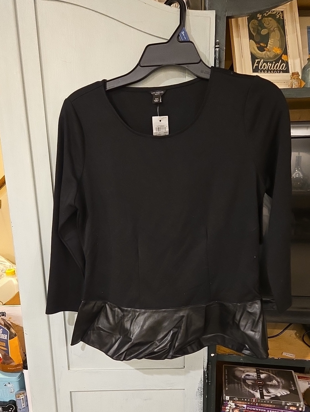 Ann Taylor Black Long-Sleeve Peplum Top with Faux Leather Trim
